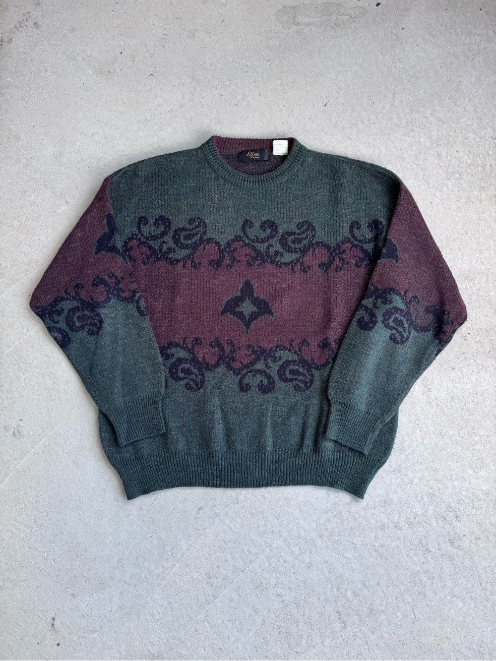 Men's Crewneck Sweater in Forest Green & Burgundy - Patterned Knit